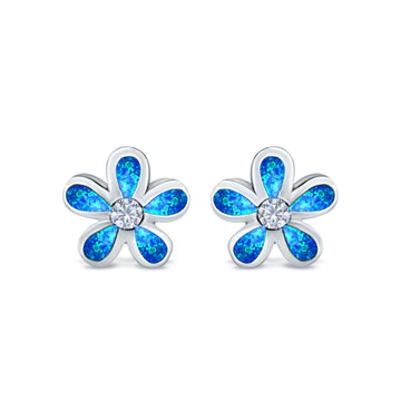 Flower Stud Earrings Lab Created Blue Opal Simulated CZ 925 Sterling Silver (7mm)